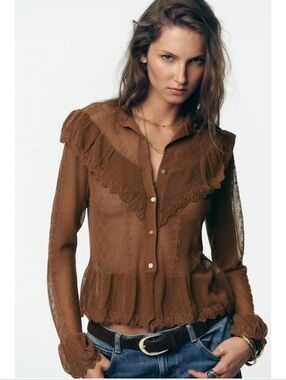 Zara Brown Sheer Ruffle-Trim Knit Top